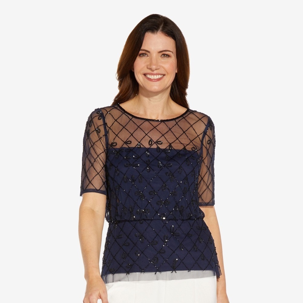Adrianna Papell Navy Blouson Beaded Top